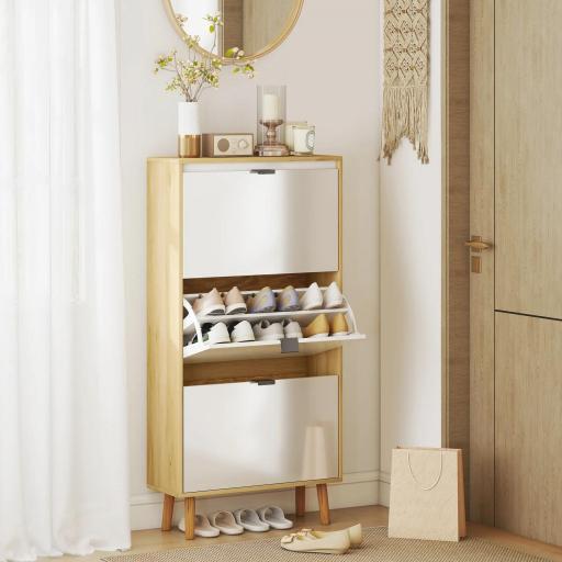 Zapatero Estrecho con 3 Puertas en Blanco Brillo Estantes Ajustables Patas de Madera para 18 Pares de Zapatos [4]