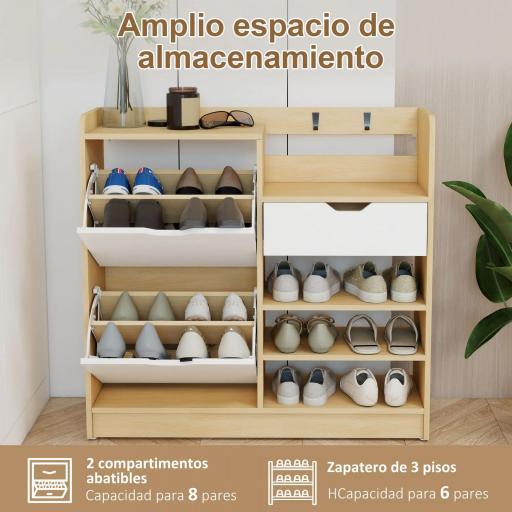 Zapatero Entrada Recibidor con Cajón Estantes Abiertos 4 Ganchos para 14 Pares de Zapatos Natural y Blanco [1]