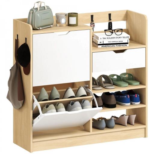 Zapatero Entrada Recibidor con Cajón Estantes Abiertos 4 Ganchos para 14 Pares de Zapatos Natural y Blanco [9]
