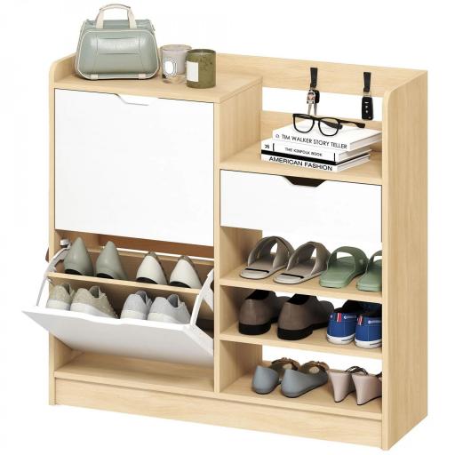 Zapatero Entrada Recibidor con Cajón Estantes Abiertos 4 Ganchos para 14 Pares de Zapatos Natural y Blanco [8]