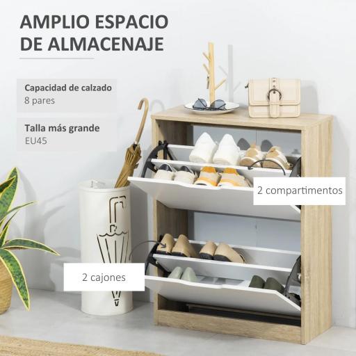 Armario de Zapatos Zapatero de Madera con 2 Puertas Abatibles 4 Estantes para 8 Pares 62,5x26x81 cm Blanco y Natural [2]