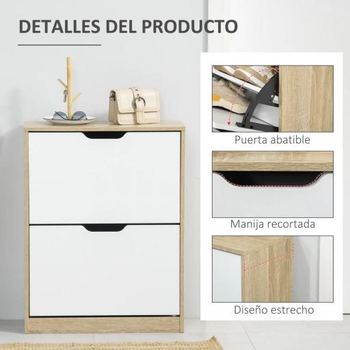Armario de Zapatos Zapatero de Madera con 2 Puertas Abatibles 4 Estantes para 8 Pares 62,5x26x81 cm Blanco y Natural [3]