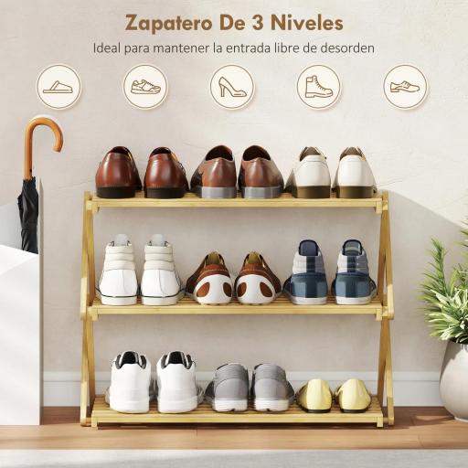 Zapatero Estrecho de Bambú Zapatero Vertical Plegable de 3 Niveles Sin Instalación Natural [4]