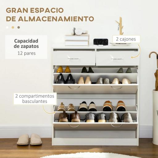 Mueble Zapatero Estrecho Armario de Zapatos con 2 Cajones Abatibles para 12 Pares de Zapatos 80x30x91,5 cm Blanco [7]