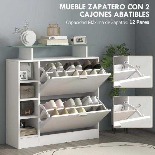Zapatero con Cajones Abatibles Estantes Ajustables y Estantes Abiertos para 12 Pares de Zapatos 89x25x92 cm Blanco [5]