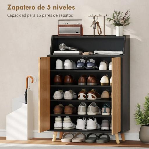 Zapatero Entrada Recibidor con 2 Puertas Estantes Ajustables y Compartimento Abierto 75x35x104 cm Negro y Natural [1]