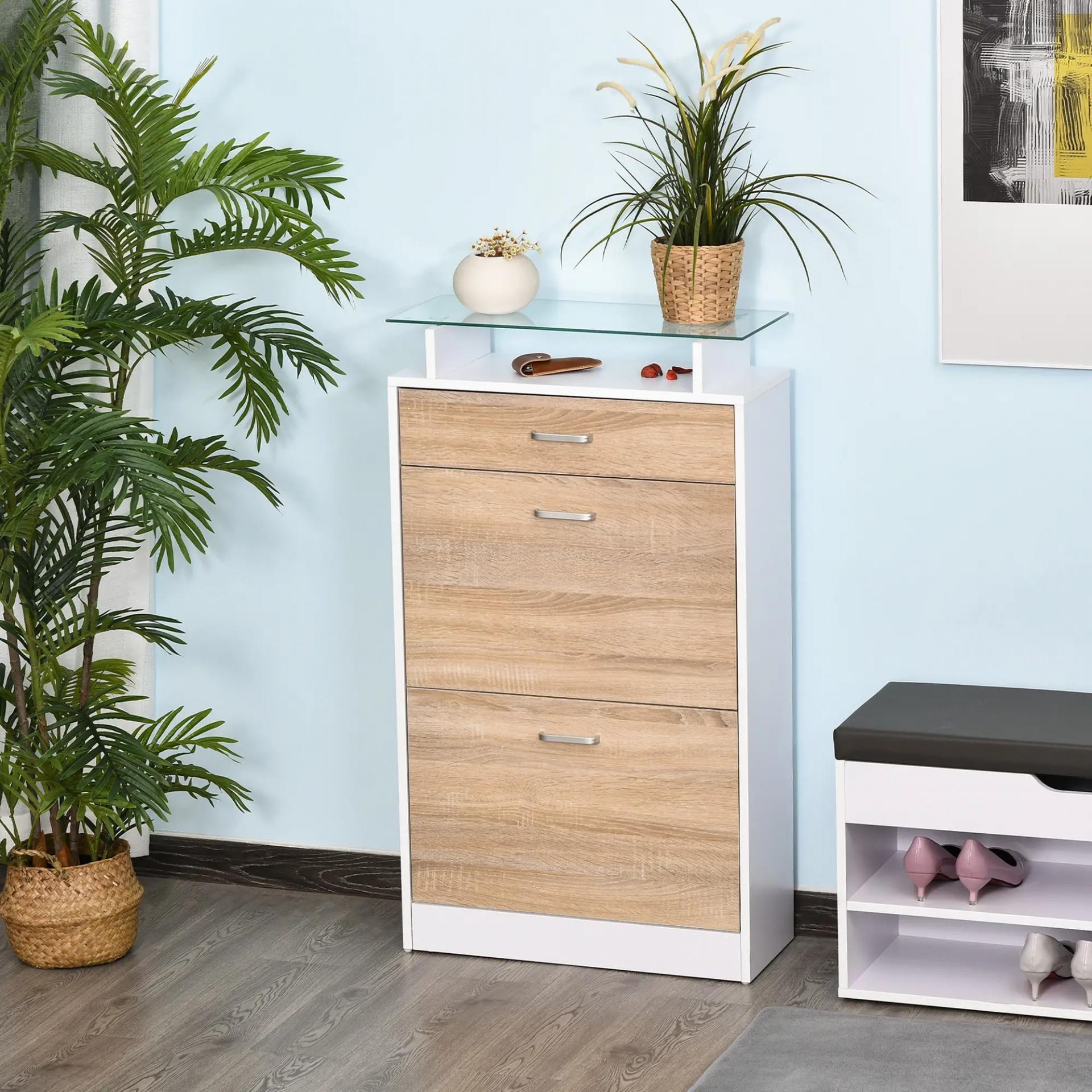 Mueble Zapatero Armario Zapatero con 3 Cajones Estante de Vidrio y Asa de Aluminio para Pasillo 60x24x105,5 cm Natural
