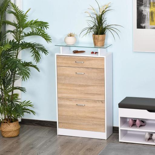 Mueble Zapatero Armario Zapatero con 3 Cajones Estante de Vidrio y Asa de Aluminio para Pasillo 60x24x105,5 cm Natural