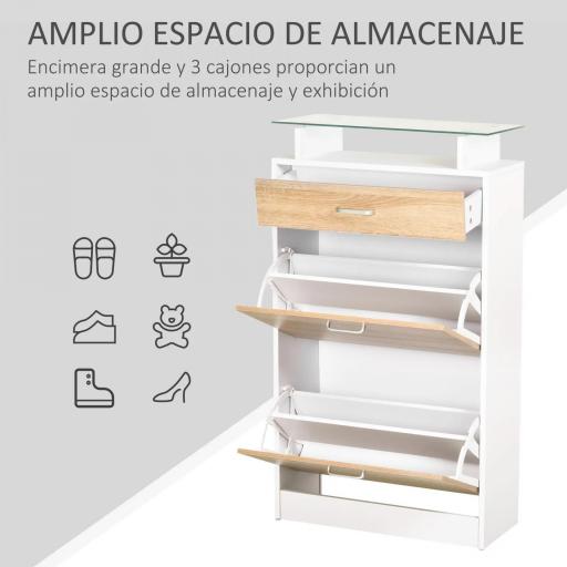 Mueble Zapatero Armario Zapatero con 3 Cajones Estante de Vidrio y Asa de Aluminio para Pasillo 60x24x105,5 cm Natural [6]