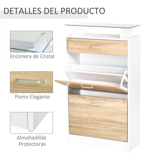 Mueble Zapatero Armario Zapatero con 3 Cajones Estante de Vidrio y Asa de Aluminio para Pasillo 60x24x105,5 cm Natural [3]