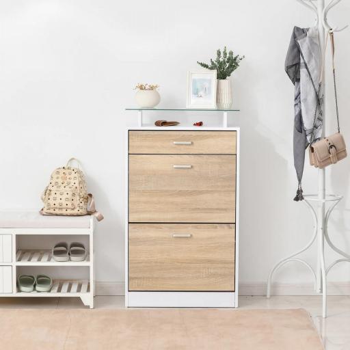 Mueble Zapatero Armario Zapatero con 3 Cajones Estante de Vidrio y Asa de Aluminio para Pasillo 60x24x105,5 cm Natural [5]