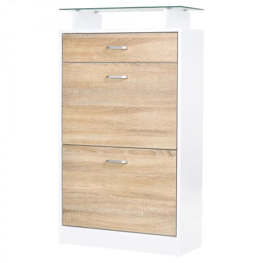 Mueble Zapatero Armario Zapatero con 3 Cajones Estante de Vidrio y Asa de Aluminio para Pasillo 60x24x105,5 cm Natural [8]