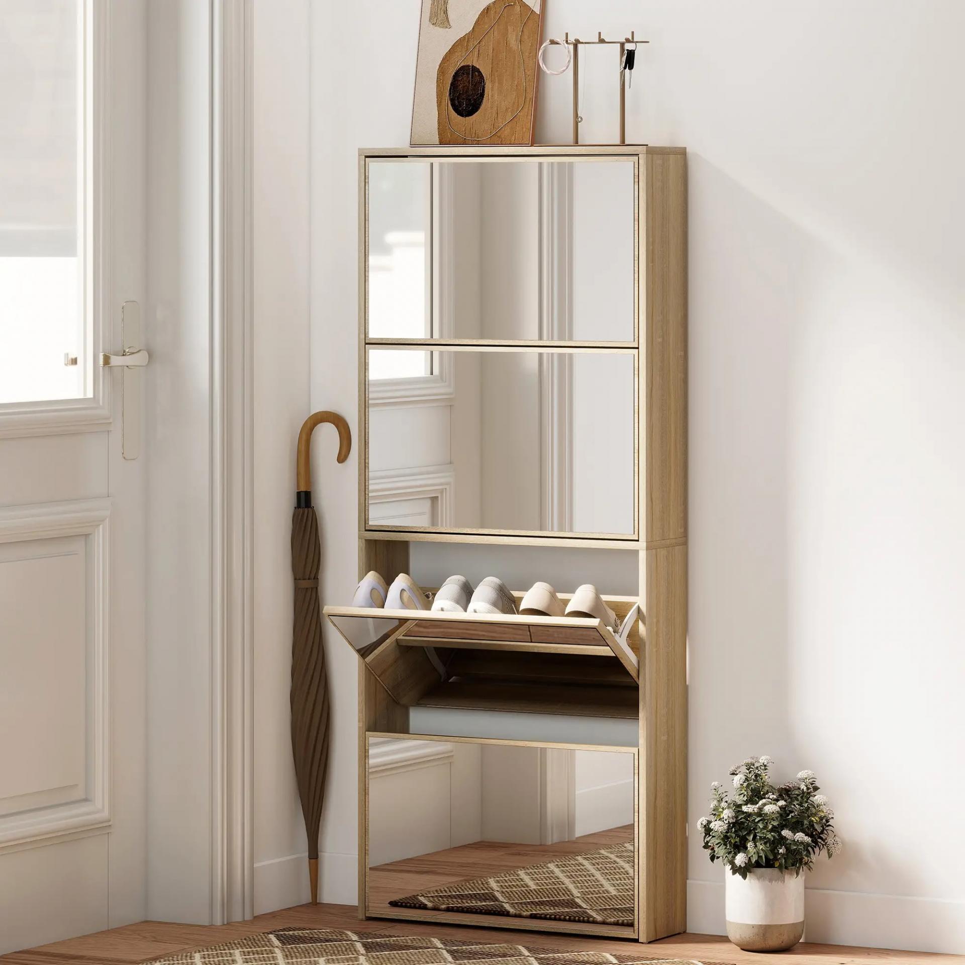 Zapatero Estrecho con Espejo y 4 Puertas Abatibles para 12 Pares de Zapatos 63x17x146 cm Natural