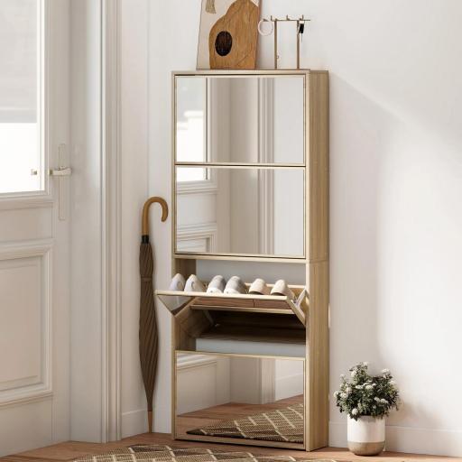 Zapatero Estrecho con Espejo y 4 Puertas Abatibles para 12 Pares de Zapatos 63x17x146 cm Natural