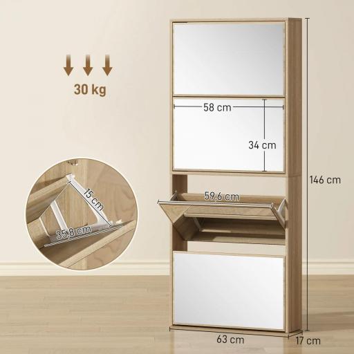 Zapatero Estrecho con Espejo y 4 Puertas Abatibles para 12 Pares de Zapatos 63x17x146 cm Natural [1]