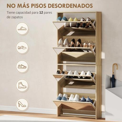Zapatero Estrecho con Espejo y 4 Puertas Abatibles para 12 Pares de Zapatos 63x17x146 cm Natural [2]