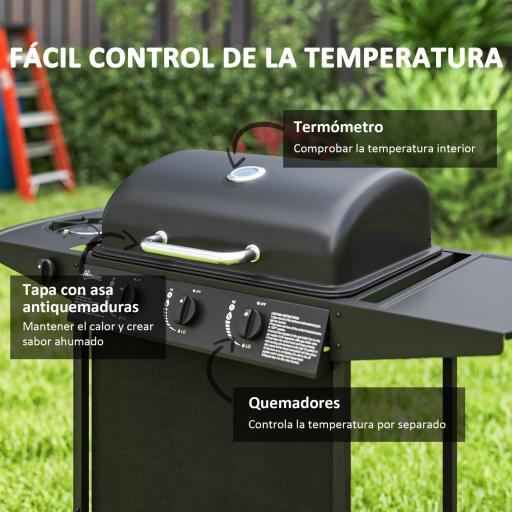 Barbacoa de Gas con 3 Quemadores Quemador Lateral Tapa con Termómetro Parrilla y Mesa Lateral Ruedas 108x54x97 cm Negro [3]