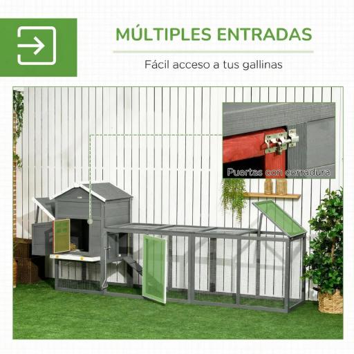 Gallinero para Exterior Grande de Madera 300x66x116 cm con Nido Corral Bandeja Extraíble Techo Asfáltico Rampa Gris [4]