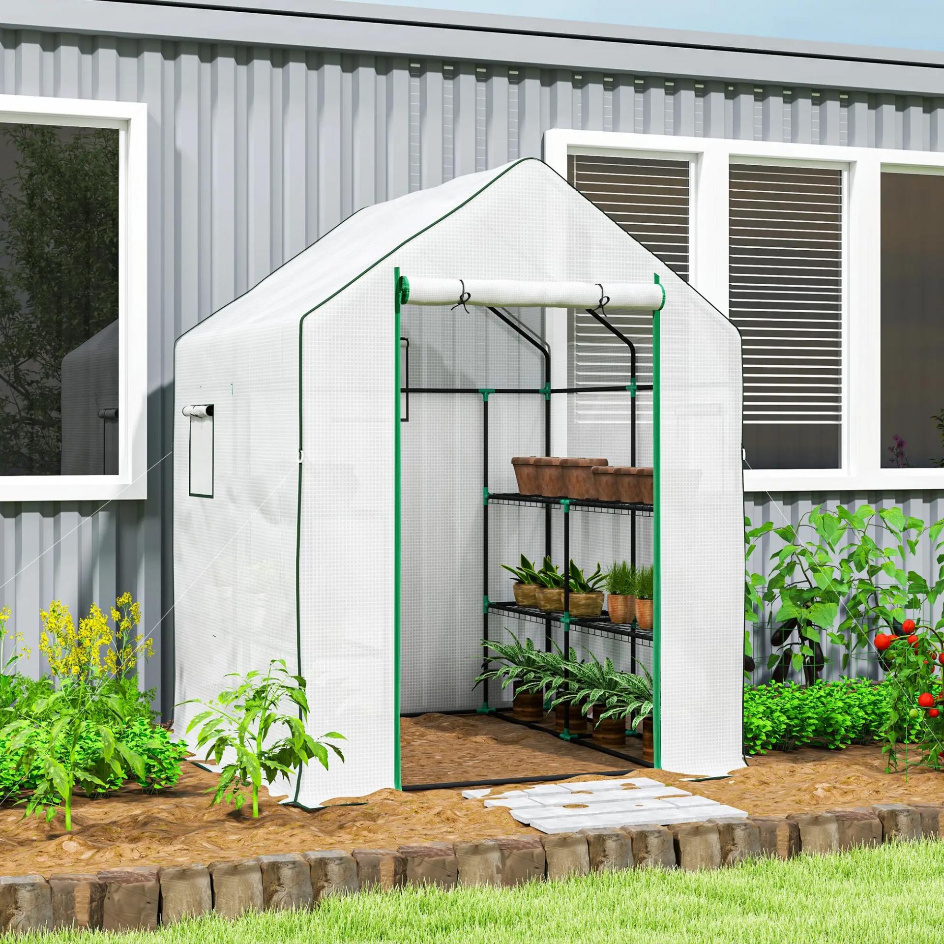 Invernadero de Exterior con 6 Estantes Puerta Enrollable Cubierta de PE y Marco de Acero 140x143x190 cm Blanco
