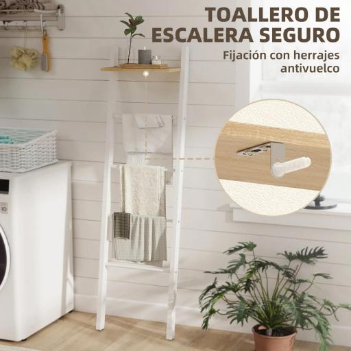 Toallero Escalera con Estante Superior y 4 Barras Toallero de Baño para Apoyar en Pared 43x20x151 cm Blanco y Roble [9]