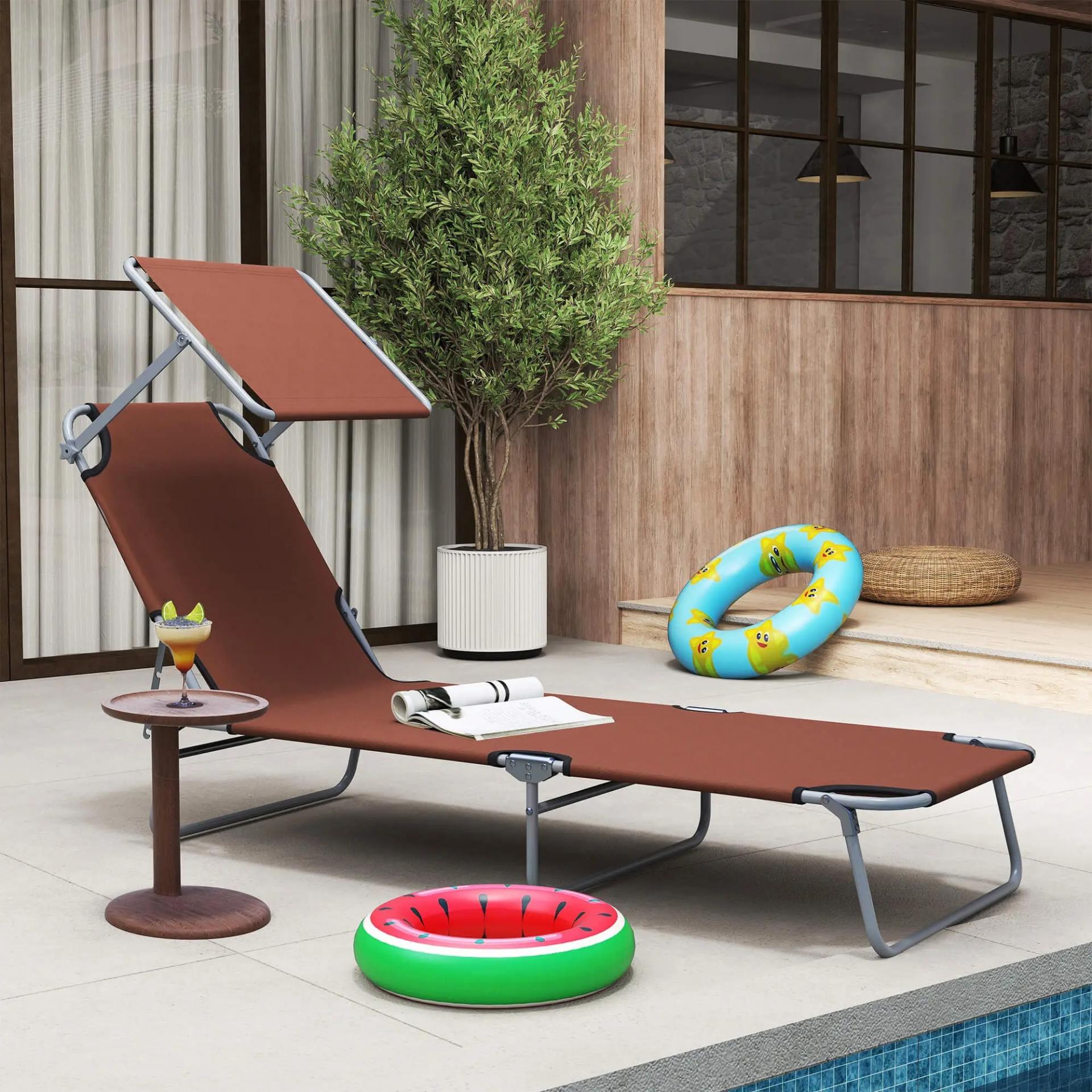 Tumbona de jardín Plegable con Toldo y Respaldo Reclinable para Jardín Terraza Acampada 187x58x36cm Marrón