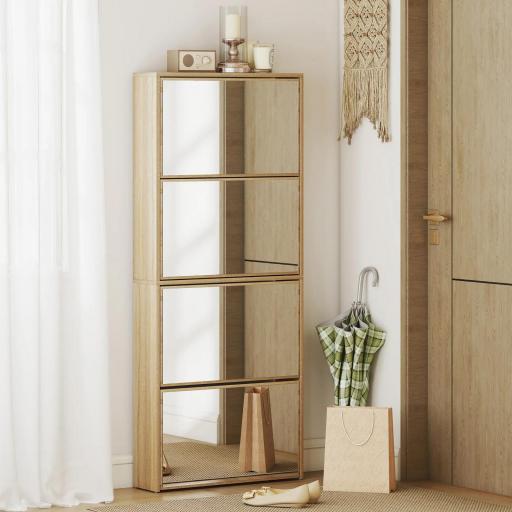 Zapatero Estrecho con Espejo y 4 Puertas Abatibles para 12 Pares de Zapatos 63x17x146 cm Natural [6]