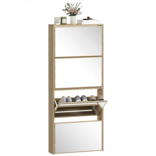 Zapatero Estrecho con Espejo y 4 Puertas Abatibles para 12 Pares de Zapatos 63x17x146 cm Natural [9]