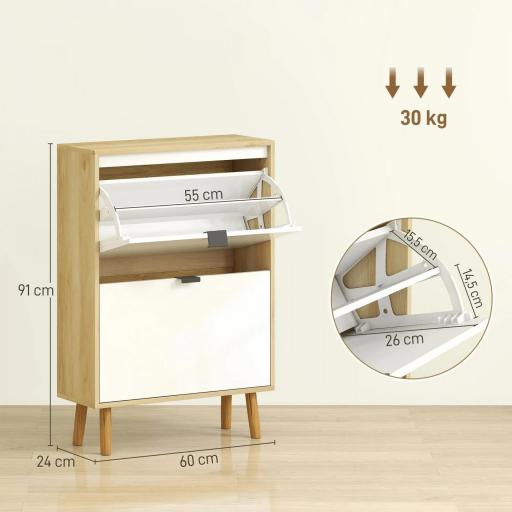 Zapatero Estrecho con 2 Puertas en Blanco Brillo Estantes Ajustables Patas de Madera para 12 Pares de Zapatos [4]