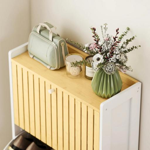 Zapatero Estrecho con 2 Puertas de Bambú con Listones Estantes Ajustables para 12 Pares de Zapatos Blanco y Natural [7]