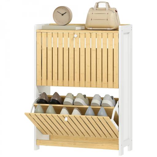 Zapatero Estrecho con 2 Puertas de Bambú con Listones Estantes Ajustables para 12 Pares de Zapatos Blanco y Natural [9]