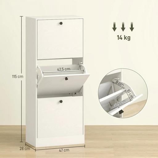 Zapatero con 3 Puertas Abatibles Estantes Ajustables y Diseño Compacto 47x28x115 cm Blanco Veteado [1]
