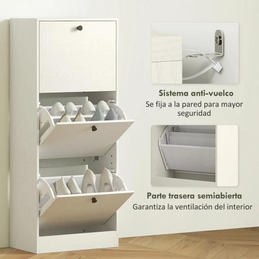 Zapatero con 3 Puertas Abatibles Estantes Ajustables y Diseño Compacto 47x28x115 cm Blanco Veteado [6]