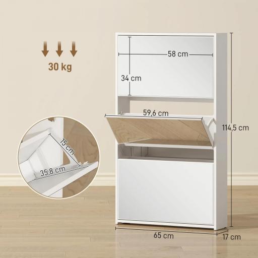 Zapatero Entrada Recibidor con 3 Puertas con Espejo Zapatero Estrecho para 9 Pares de Zapatos 65x17x114,5 cm Blanco [6]