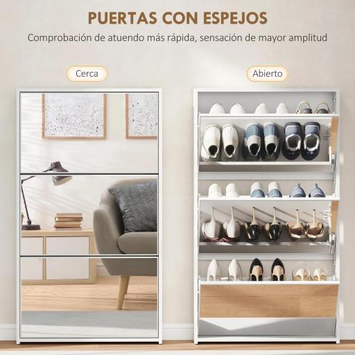 Zapatero Entrada Recibidor con 3 Puertas con Espejo Zapatero Estrecho para 9 Pares de Zapatos 65x17x114,5 cm Blanco [2]