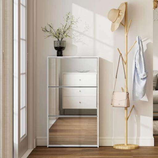 Zapatero Entrada Recibidor con 3 Puertas con Espejo Zapatero Estrecho para 9 Pares de Zapatos 65x17x114,5 cm Blanco [4]