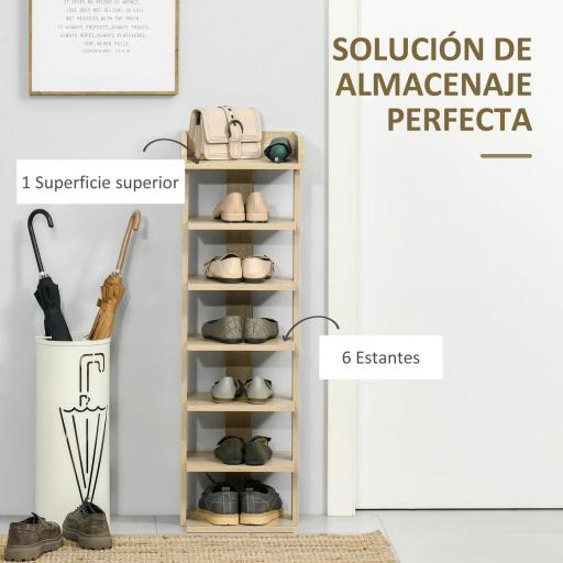 Zapatero Estrecho de 7 Niveles Capacidad de 6 Pares de Zapatos para Entrada Dormitorio y Pasillo 32x30x104 cm Roble [4]