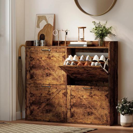 Zapatero Estrecho con 4 Compartimentos Abatibles Divisores Ajustables para 24 Pares con Antivuelco 120x24x103 cm Marrón