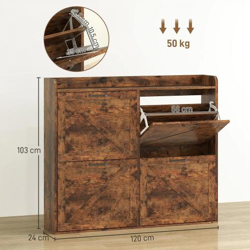 Zapatero Estrecho con 4 Compartimentos Abatibles Divisores Ajustables para 24 Pares con Antivuelco 120x24x103 cm Marrón [3]