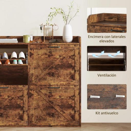 Zapatero Estrecho con 4 Compartimentos Abatibles Divisores Ajustables para 24 Pares con Antivuelco 120x24x103 cm Marrón [5]