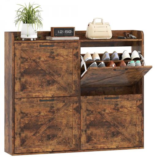 Zapatero Estrecho con 4 Compartimentos Abatibles Divisores Ajustables para 24 Pares con Antivuelco 120x24x103 cm Marrón [9]