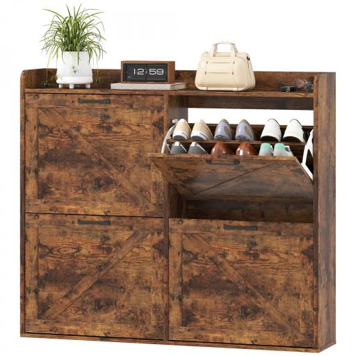 Zapatero Estrecho con 4 Compartimentos Abatibles Divisores Ajustables para 24 Pares con Antivuelco 120x24x103 cm Marrón [8]