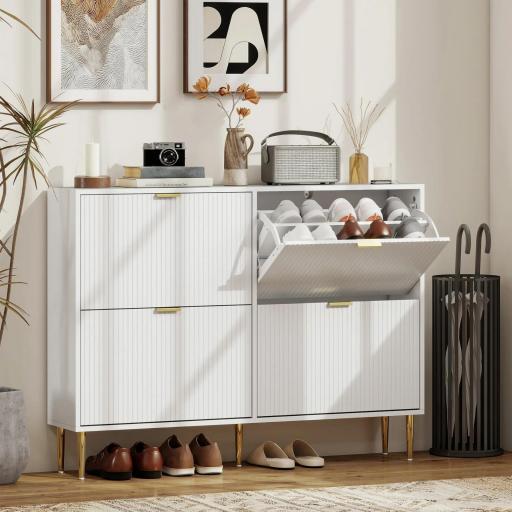 Zapatero Estrecho con 4 Puertas Acanaladas con Estantes Ajustables para 20 Pares de Zapatos 105x24x91,5 cm Blanco [0]