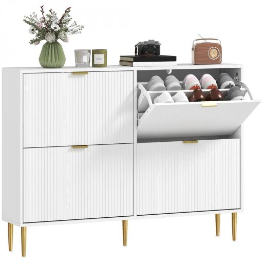 Zapatero Estrecho con 4 Puertas Acanaladas con Estantes Ajustables para 20 Pares de Zapatos 105x24x91,5 cm Blanco [8]