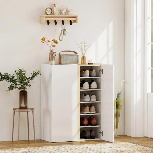 Zapatero de 6 Niveles con 2 Puertas en Blanco Brillo con Cierre Suave y Estantes Ajustables 70x33,5x95 cm Blanco [0]