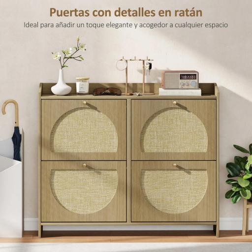 Zapatero Estrecho con 4 Puertas de Ratán con Estantes Ajustables para 16 Pares de Zapatos 104,5x24x88 cm Natural [3]