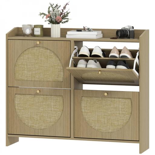 Zapatero Estrecho con 4 Puertas de Ratán con Estantes Ajustables para 16 Pares de Zapatos 104,5x24x88 cm Natural [9]