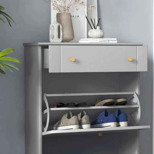 Mueble Zapatero Estrecho con 2 Puertas Abatibles y 1 Cajón para 8 Pares de Zapatos 60x23,5x98,5 cm Gris [4]