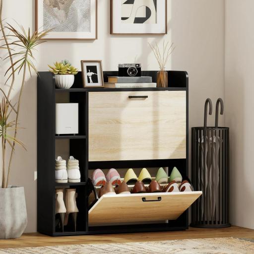 Zapatero Estrecho con 2 Puertas 3 Estantes Laterales y Estantes Ajustables para 15 Pares de Zapatos Natural y Negro