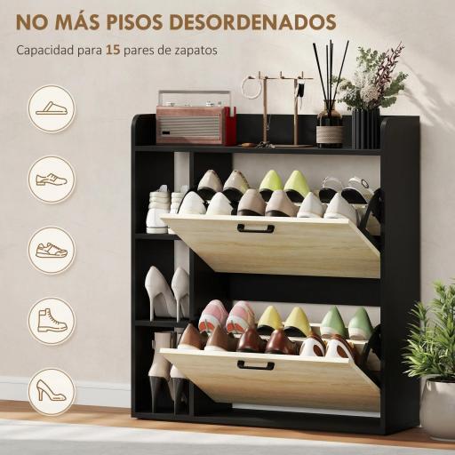 Zapatero Estrecho con 2 Puertas 3 Estantes Laterales y Estantes Ajustables para 15 Pares de Zapatos Natural y Negro [7]