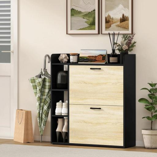 Zapatero Estrecho con 2 Puertas 3 Estantes Laterales y Estantes Ajustables para 15 Pares de Zapatos Natural y Negro [5]